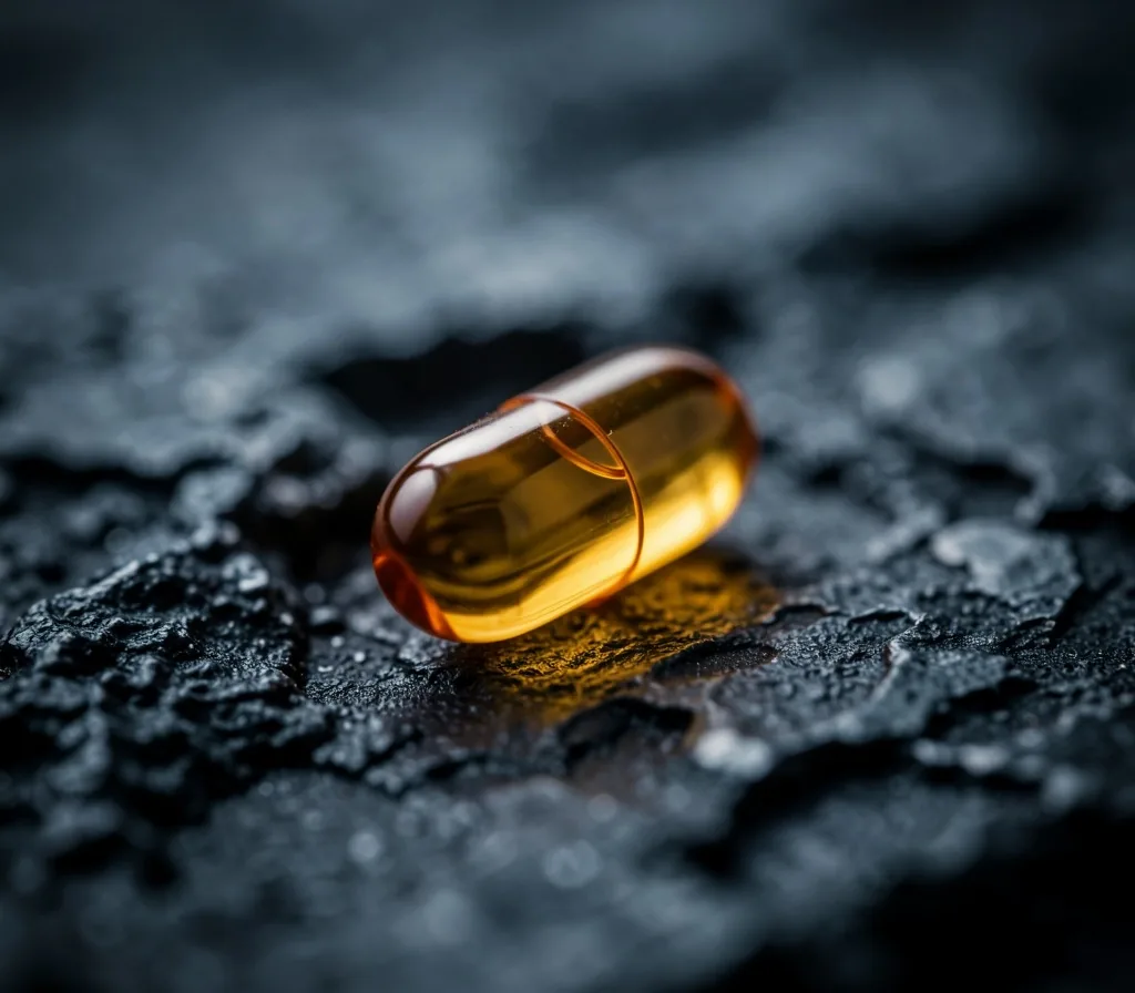 Single supplement capsule on dark mineral surface